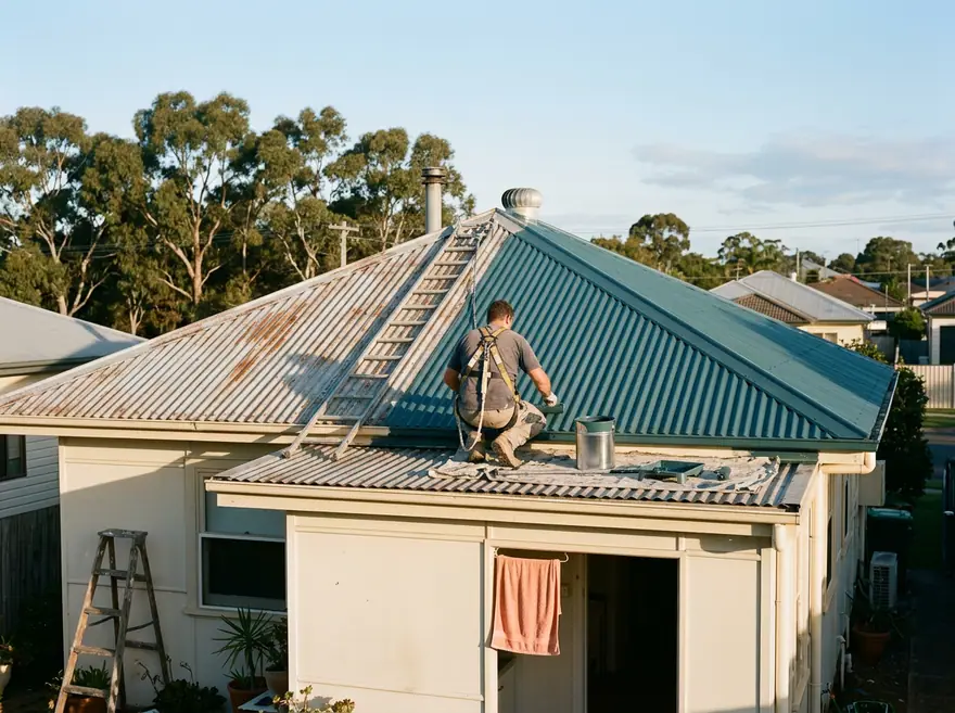 Roof painter in a harness coating a corrugated iron roof in teal