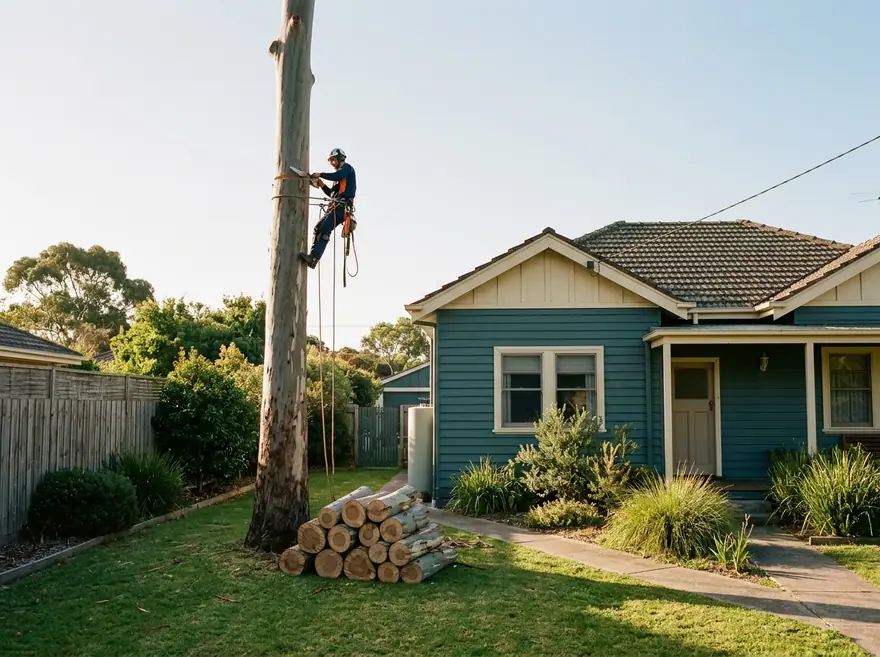 A tall eucalypt in a suburban Australian backyard midway through sectional removal: the canopy already taken down to a clean upright trunk, a climbing arborist in a harness and helmet small