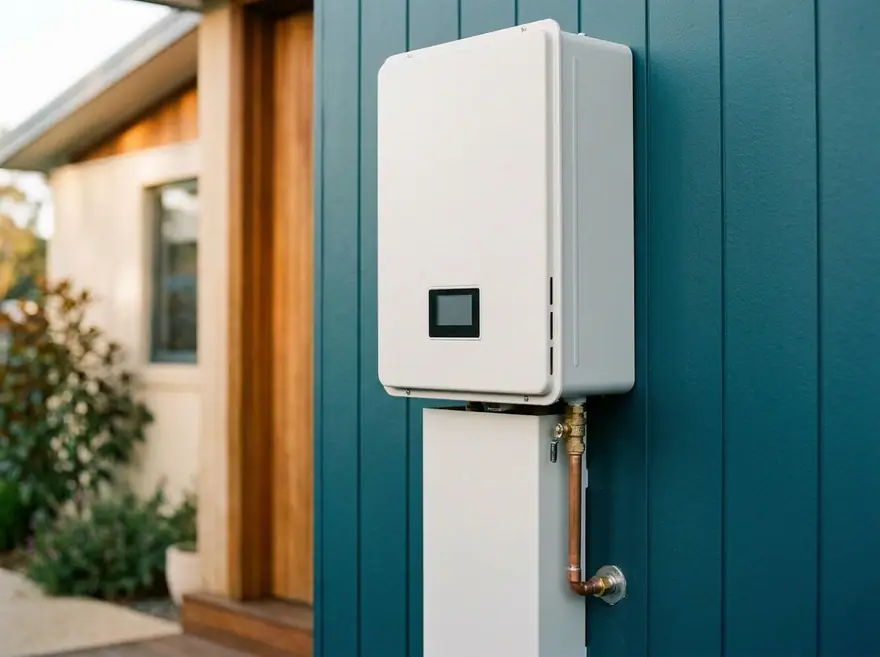 Modern wall-mounted continuous-flow hot water unit newly installed on teal cladding