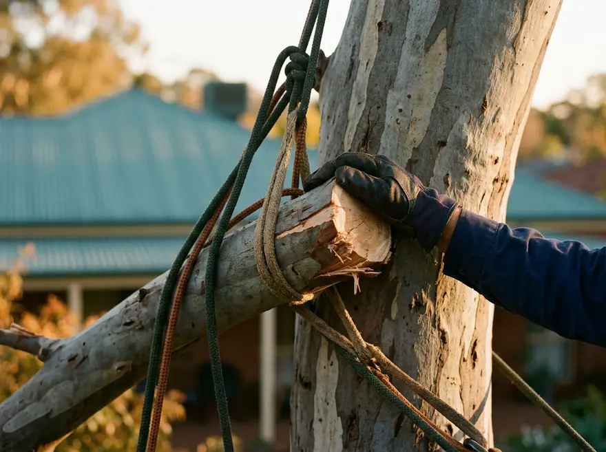 Arborist steadying a storm-split eucalypt branch lowered safely against the trunk