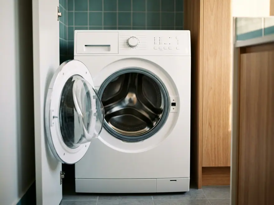 A new white front-load washing machine freshly installed in a laundry nook, its door slightly ajar and drum empty, a teal wall tile softly blurred behind in a townhouse laundry
