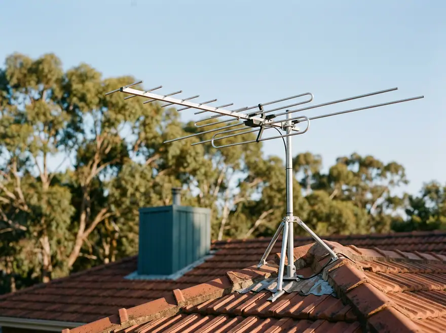 A new TV antenna freshly mounted on a tiled roof ridge against a clear sky, its aluminium elements sitting square and secure, a Colorbond chimney flashing and gum tree canopy softly blurred