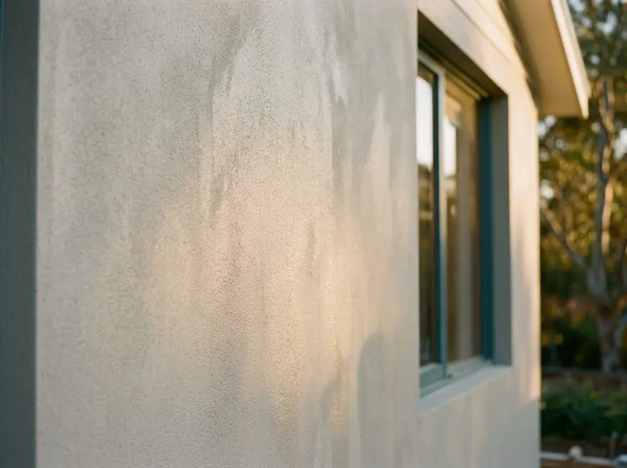 A freshly rendered exterior wall, its surface smooth and pale grey and still slightly damp from the fresh coat, a teal window frame softly blurred behind in a modern rendered home