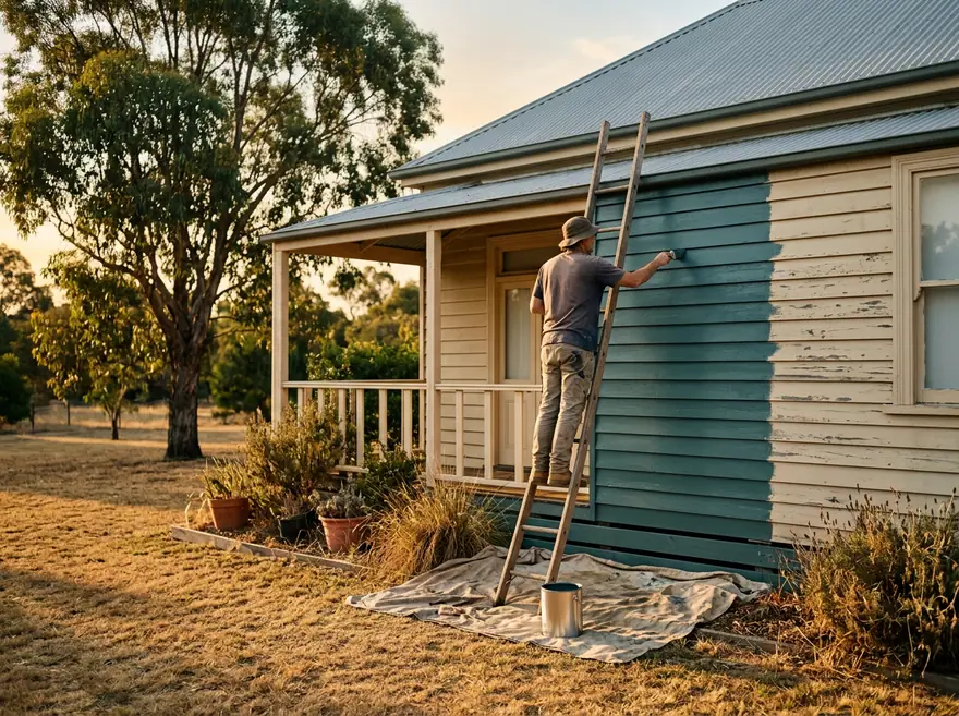 Painter on a ladder brushing teal onto the weatherboards of an Australian cottage