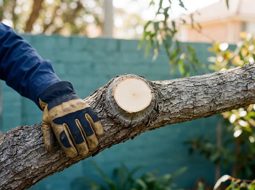 Clean pruning cut on a eucalypt branch with the bark collar left intact