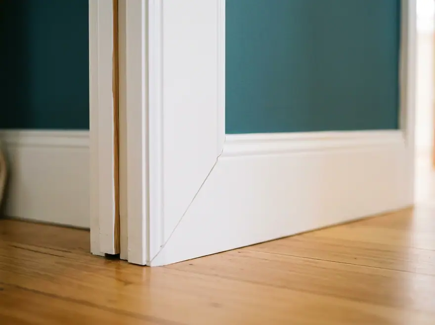 Freshly painted white architrave and skirting board at the base of a doorway